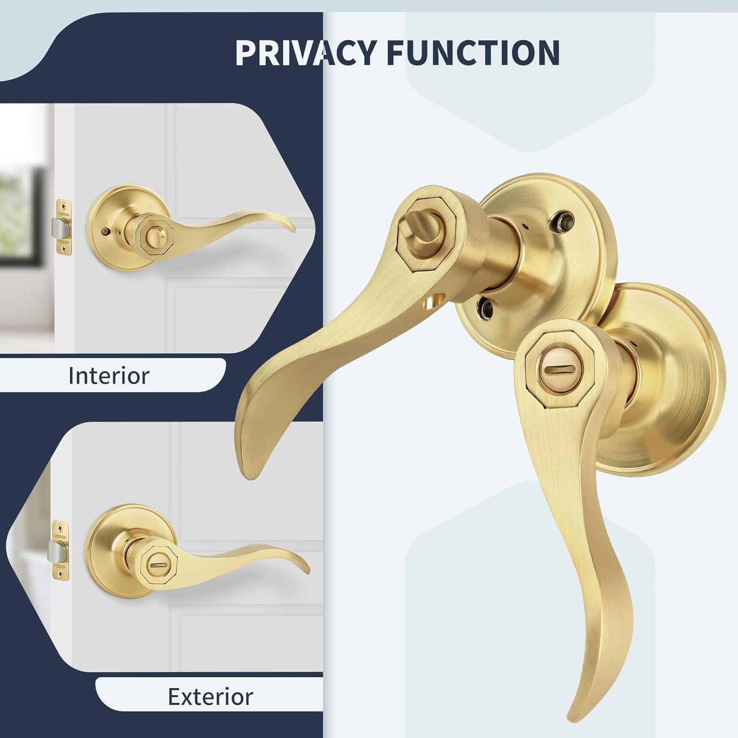 Brushed Gold Privacy Door Handle with Wave Style Lever for Bedroom, Bathroom, Living Room - Keyless Reversible Interior Lever for Left/Right Handed - Satin Brass Finish - 1 Pack