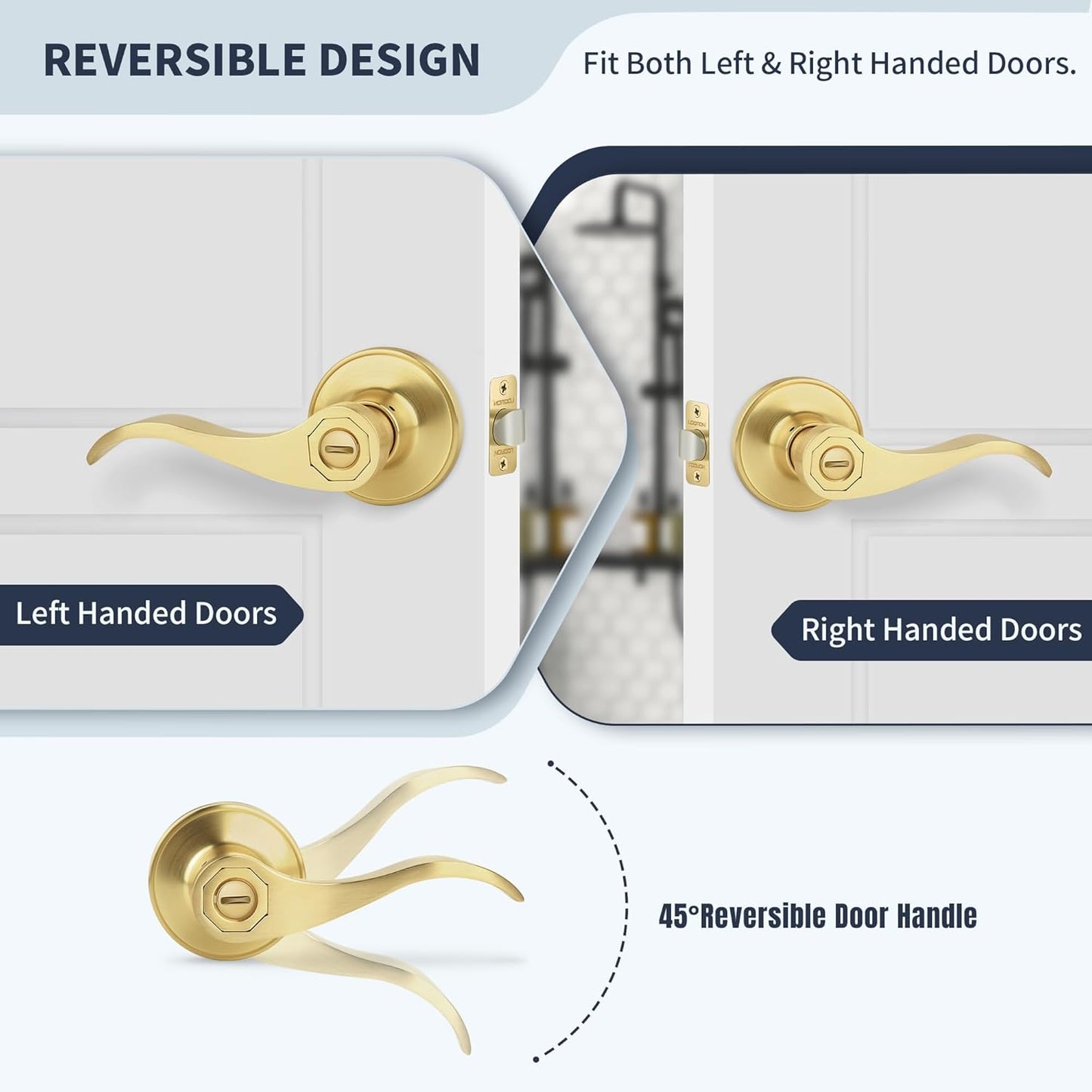 Brushed Gold Privacy Door Handle with Wave Style Lever for Bedroom, Bathroom, Living Room - Keyless Reversible Interior Lever for Left/Right Handed - Satin Brass Finish - 1 Pack
