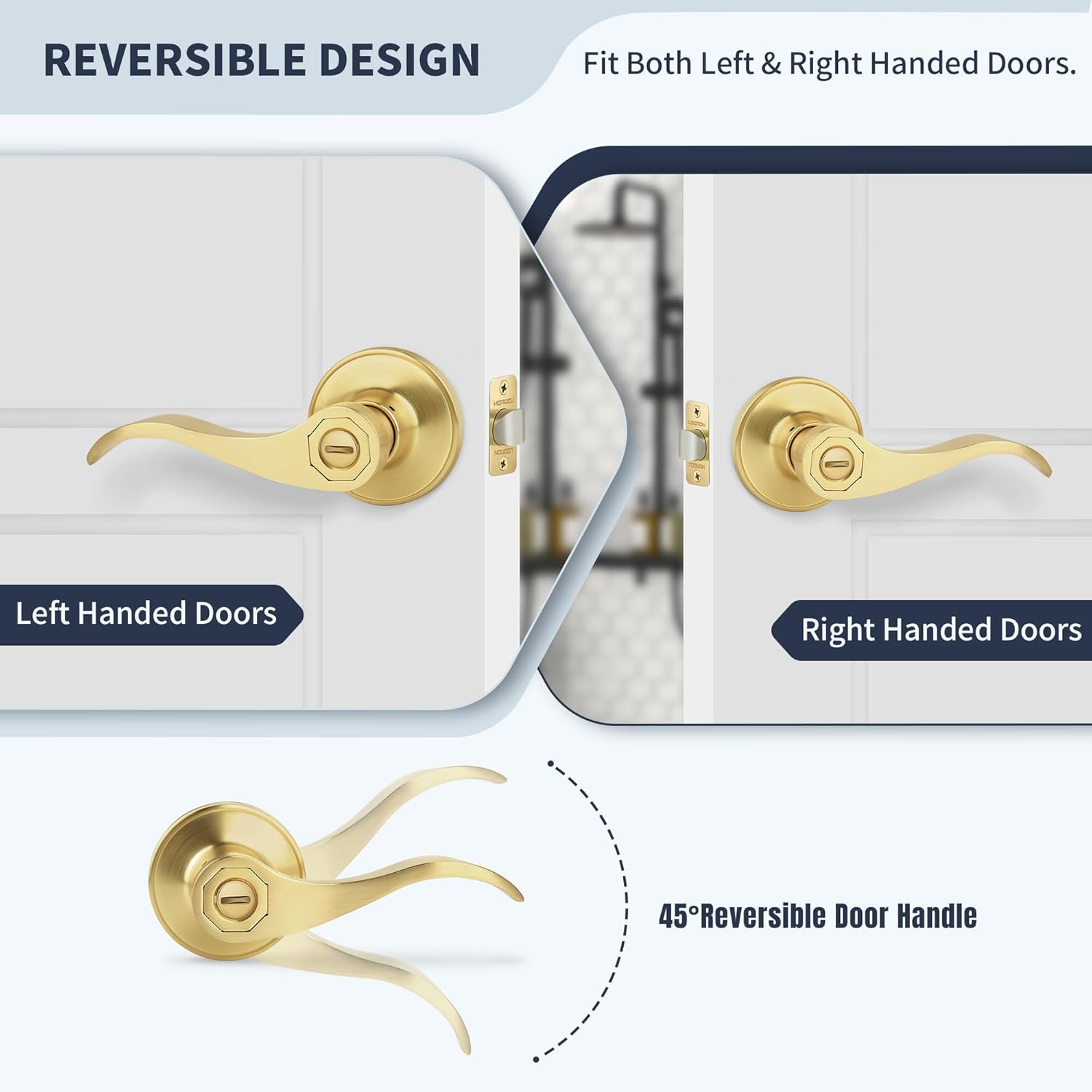 Brushed Gold Privacy Door Handle with Wave Style Lever for Bedroom, Bathroom, Living Room - Keyless Reversible Interior Lever for Left/Right Handed - Satin Brass Finish - 1 Pack