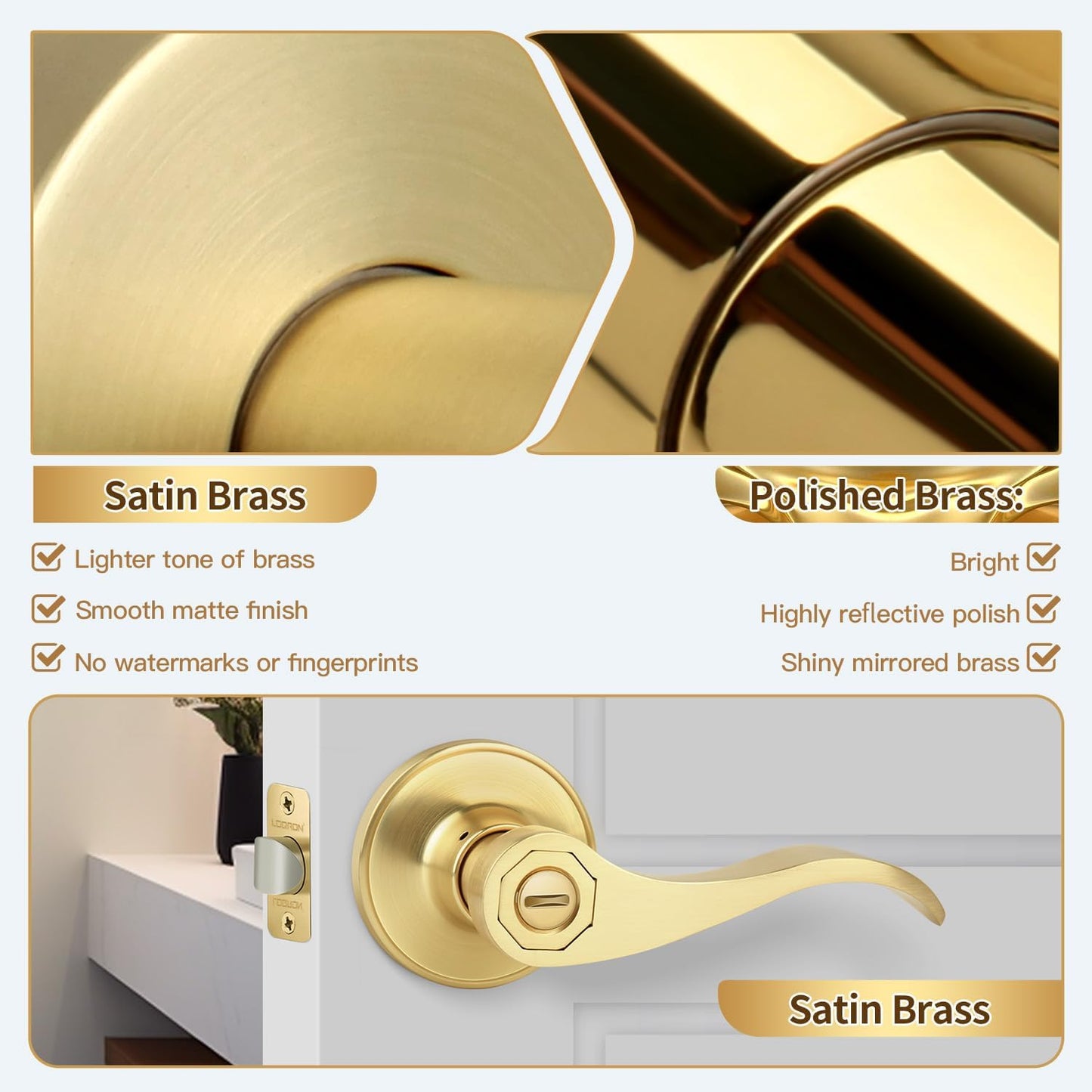 Brushed Gold Privacy Door Handle with Wave Style Lever for Bedroom, Bathroom, Living Room - Keyless Reversible Interior Lever for Left/Right Handed - Satin Brass Finish - 1 Pack