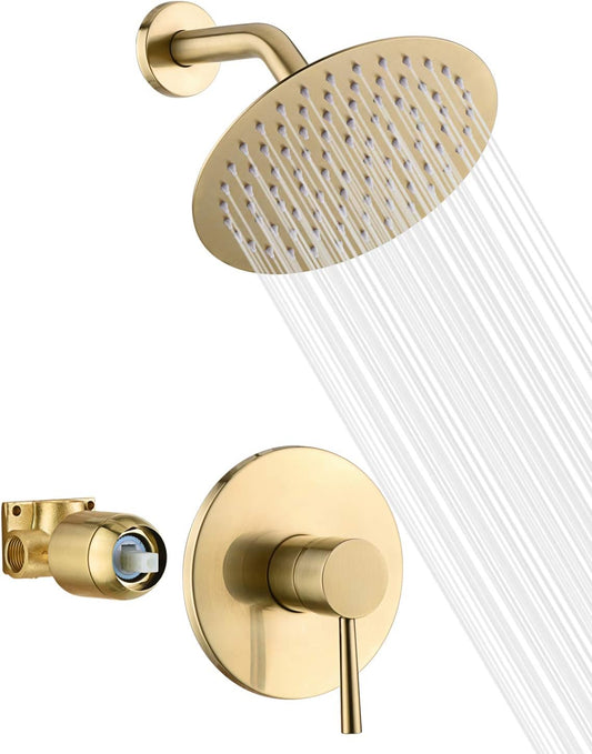 Brushed Gold Shower Faucet Set with 8" Stainless Steel Rain Shower Head & Solid Brass Valve