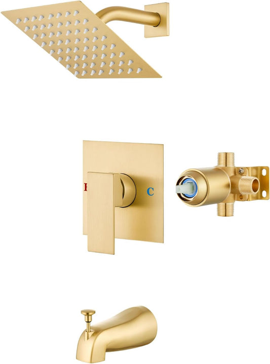 Brushed Gold Shower Faucet Set with Tub Spout and Rainfall Square Showerhead - Complete Tub Shower Trim Kit with Solid Brass Valve