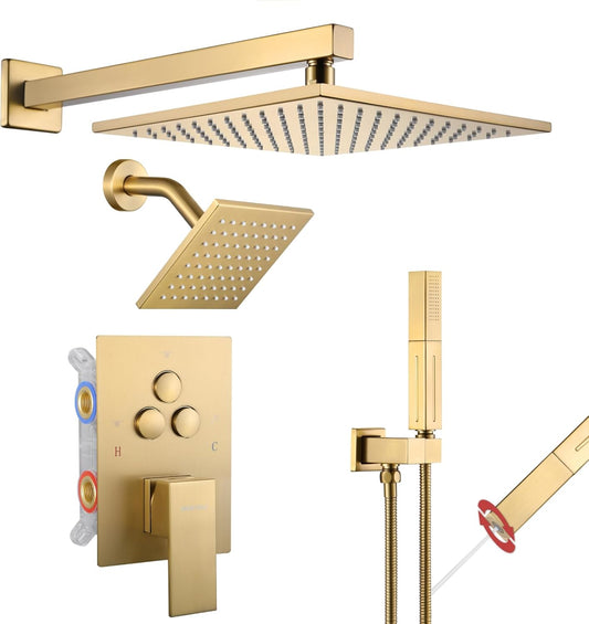 Brushed Gold Shower System with Push Button Diverter and Handheld Shower Head - Wall Mount 10 Inch Head and 6 Inch Head