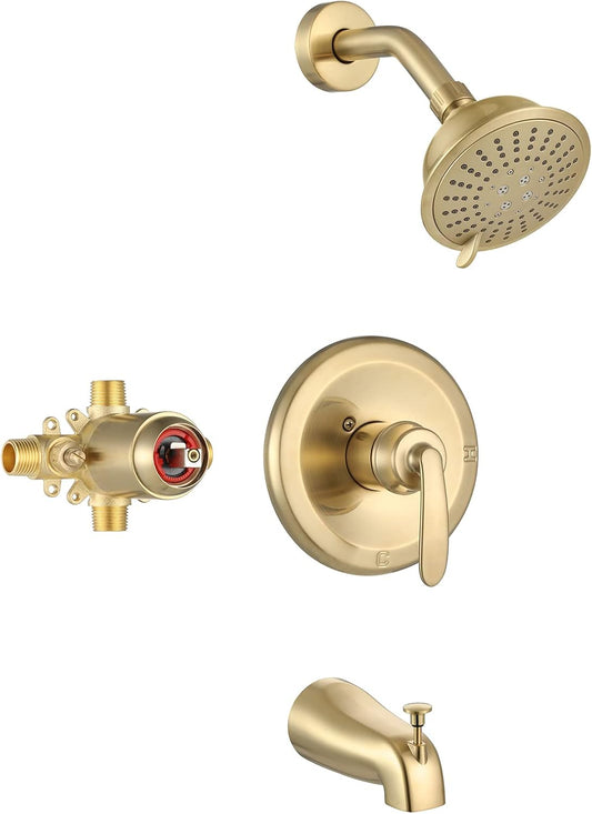 Brushed Gold Shower System with Tub Spout, 5-Setting Shower Head, Diverter - Wall Mounted Shower Bathtub Combo