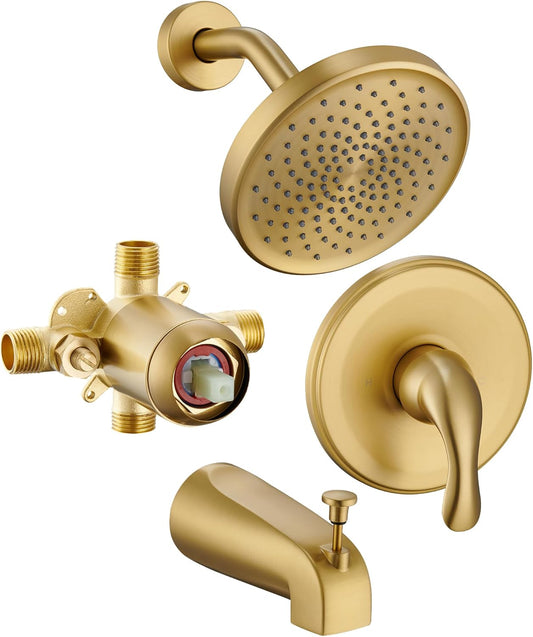 Brushed Gold Shower Tub Faucet Set with Valve - High-Pressure Shower Head and Handle Set, 6 Inch Rain Shower Head and Tub Spout - Complete Shower Faucet Kit