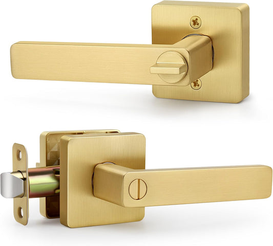Brushed Gold Square Keyless Privacy Door Lever - Heavy Duty Reversible Handle for Bedroom/Bathroom
