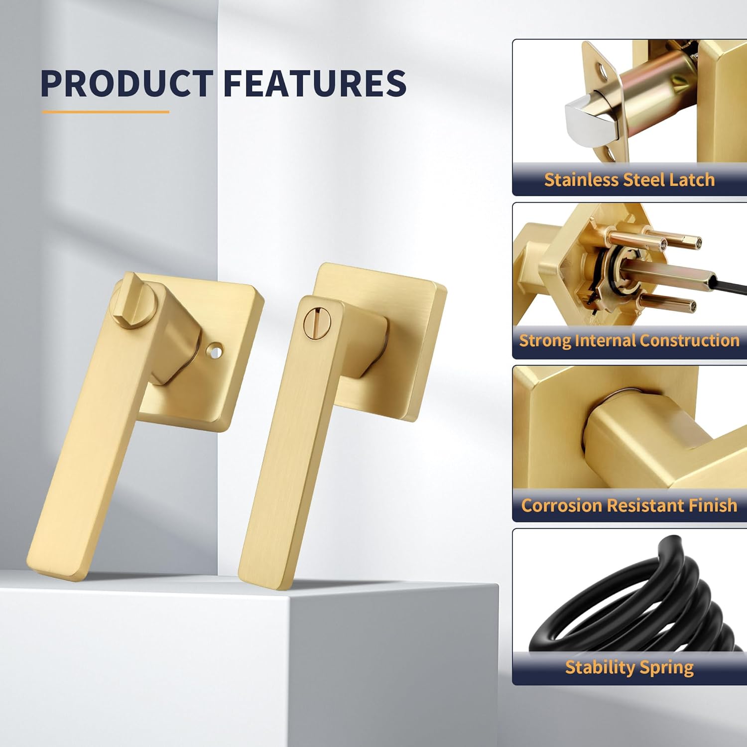 Brushed Gold Square Keyless Privacy Door Lever - Heavy Duty Reversible Handle for Bedroom/Bathroom