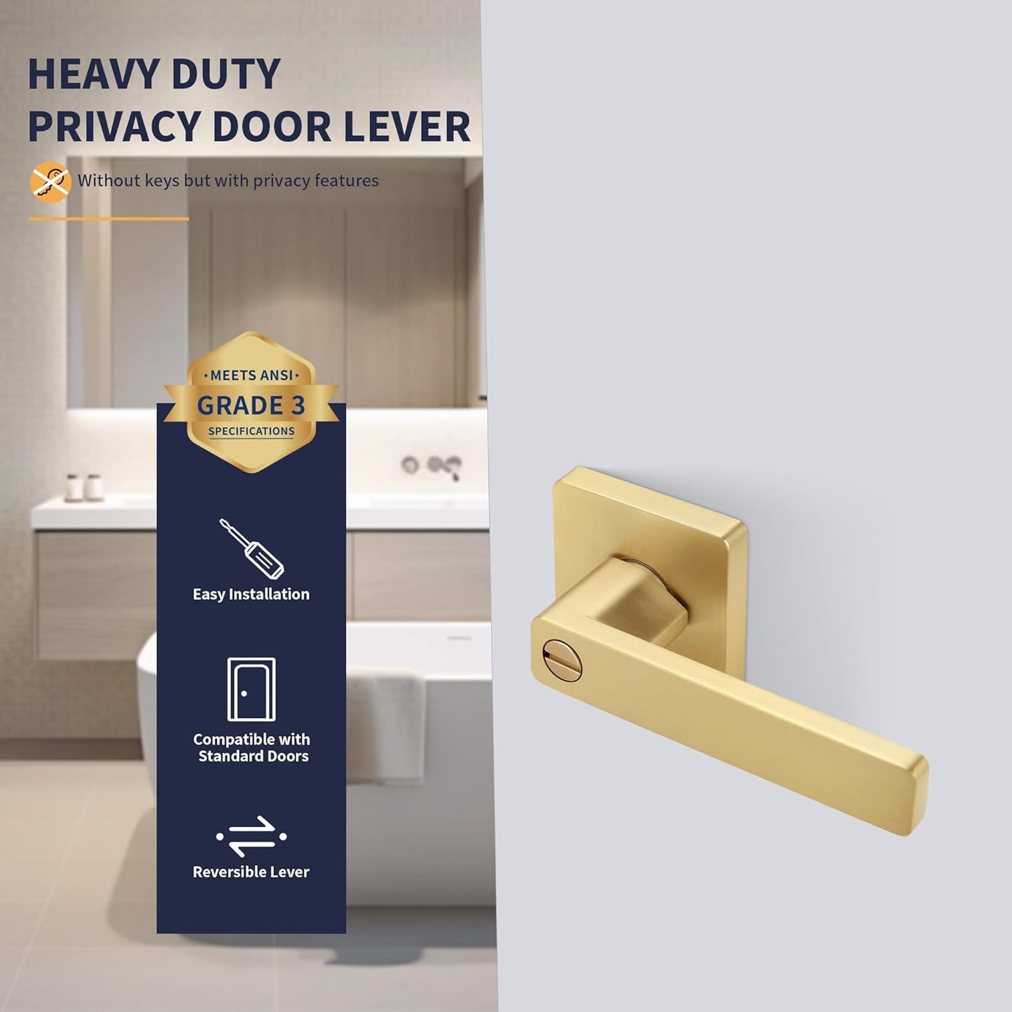 Brushed Gold Square Keyless Privacy Door Lever - Heavy Duty Reversible Handle for Bedroom/Bathroom