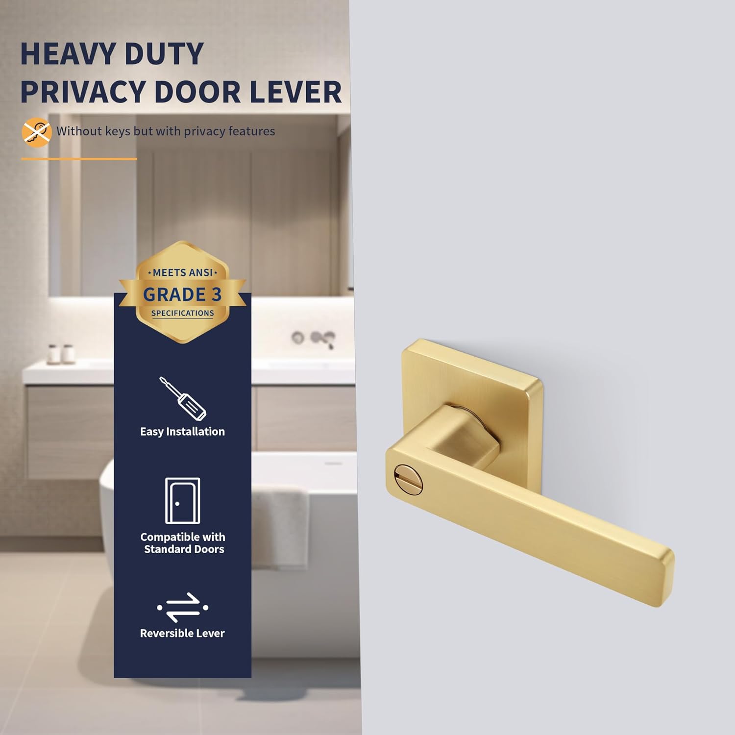 Brushed Gold Square Keyless Privacy Door Lever - Heavy Duty Reversible Handle for Bedroom/Bathroom