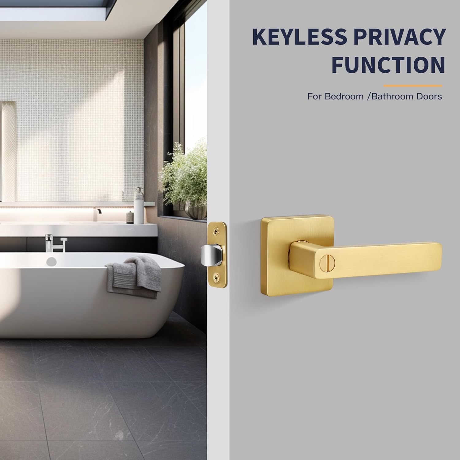 Brushed Gold Square Keyless Privacy Door Lever - Heavy Duty Reversible Handle for Bedroom/Bathroom