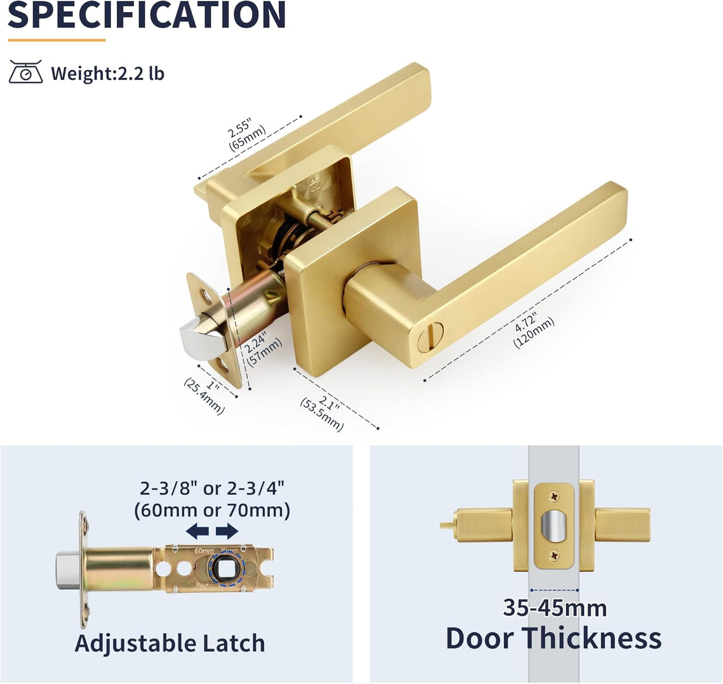 Brushed Gold Square Keyless Privacy Door Lever - Heavy Duty Reversible Handle for Bedroom/Bathroom