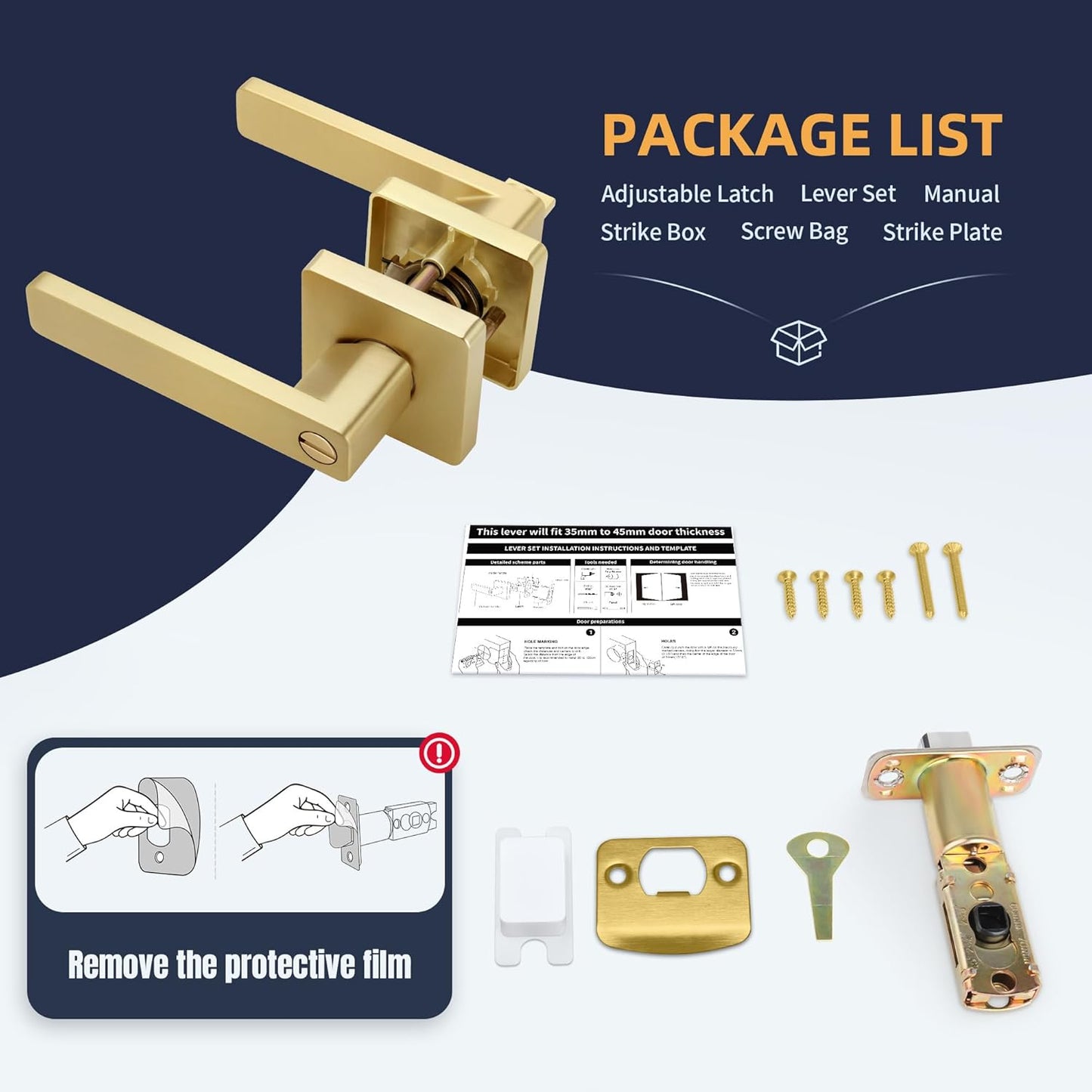 Brushed Gold Square Keyless Privacy Door Lever - Heavy Duty Reversible Handle for Bedroom/Bathroom