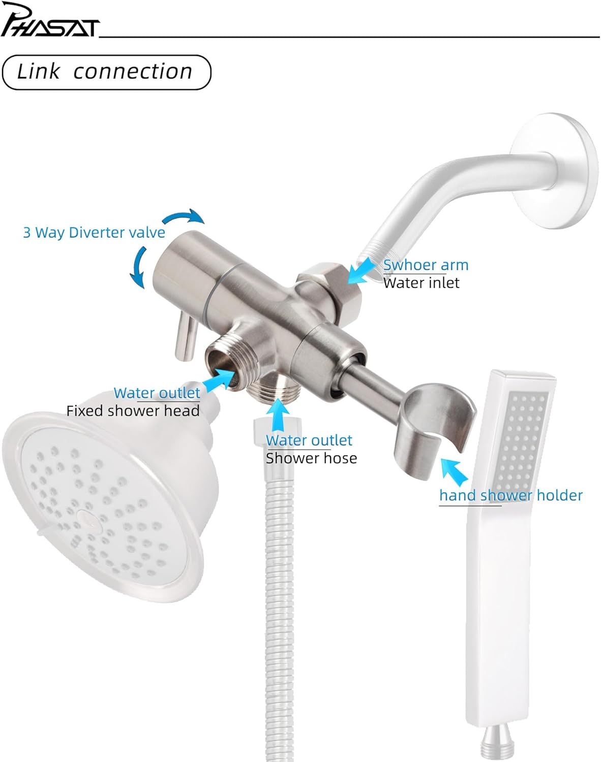 Brushed Nickel 3-Way Shower Arm Diverter Valve for Hand Held Showerhead - Universal System Replacement Part - PHASAT Solid Metal Handshower Mount