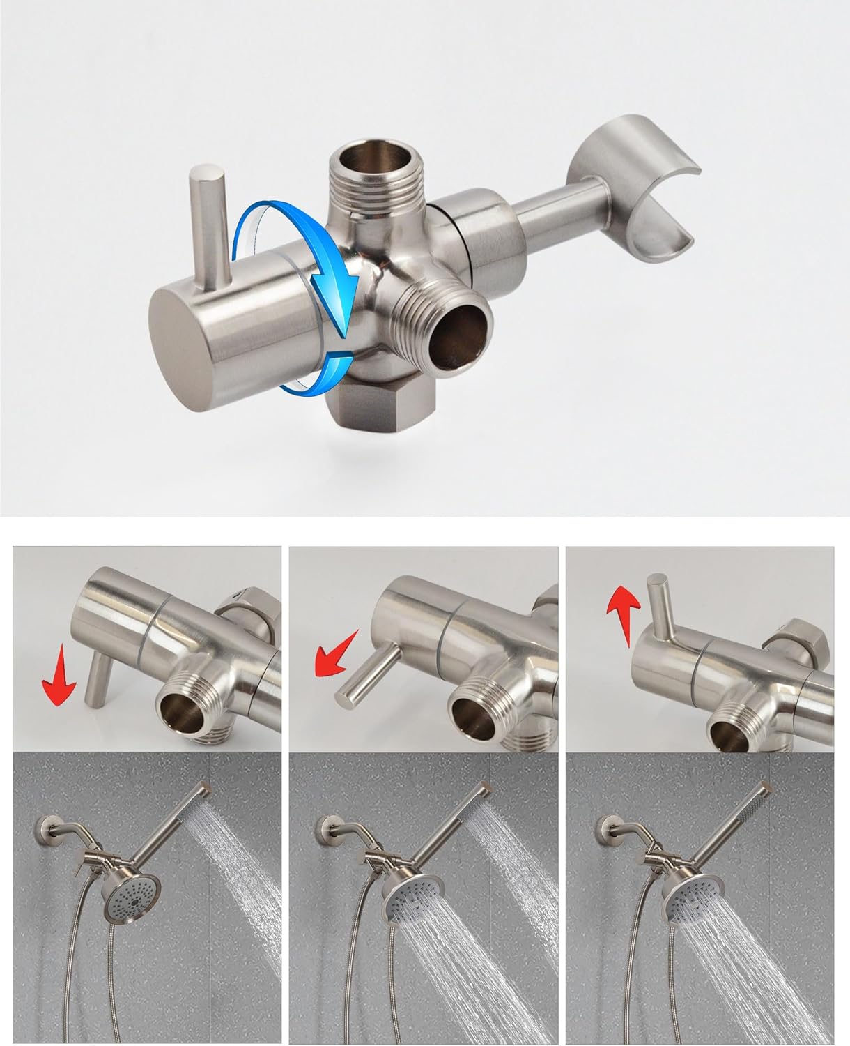 Brushed Nickel 3-Way Shower Arm Diverter Valve for Hand Held Showerhead - Universal System Replacement Part - PHASAT Solid Metal Handshower Mount