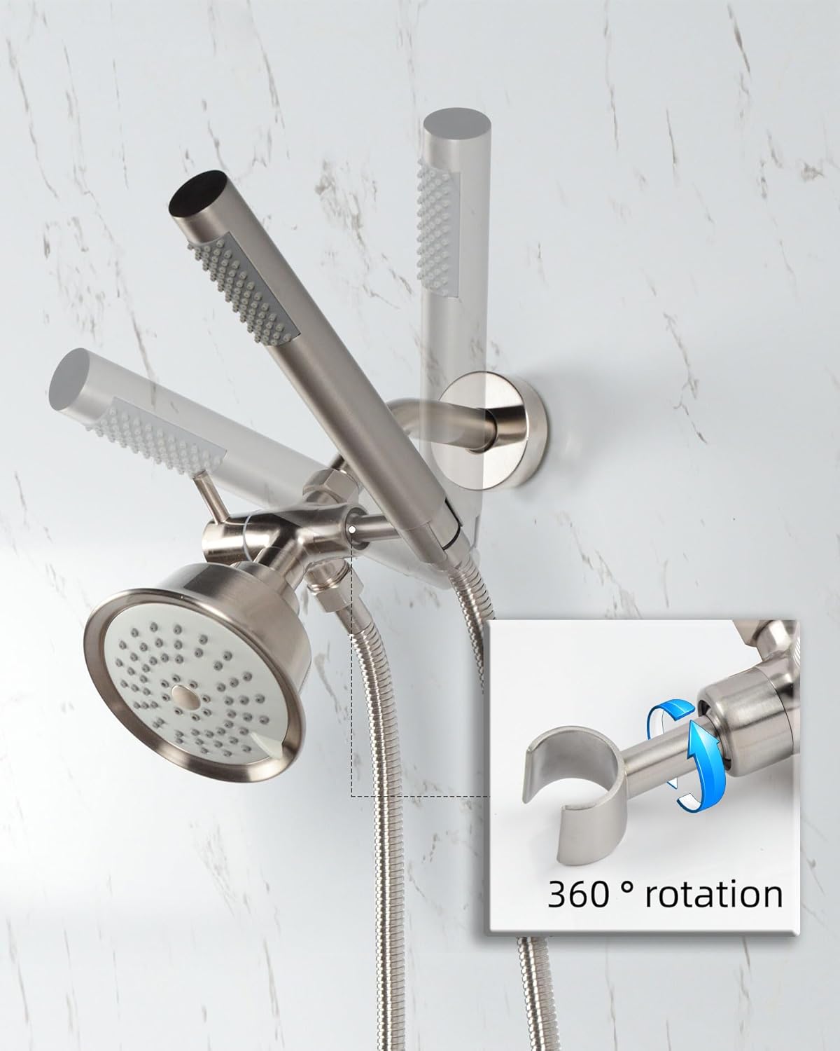Brushed Nickel 3-Way Shower Arm Diverter Valve for Hand Held Showerhead - Universal System Replacement Part - PHASAT Solid Metal Handshower Mount