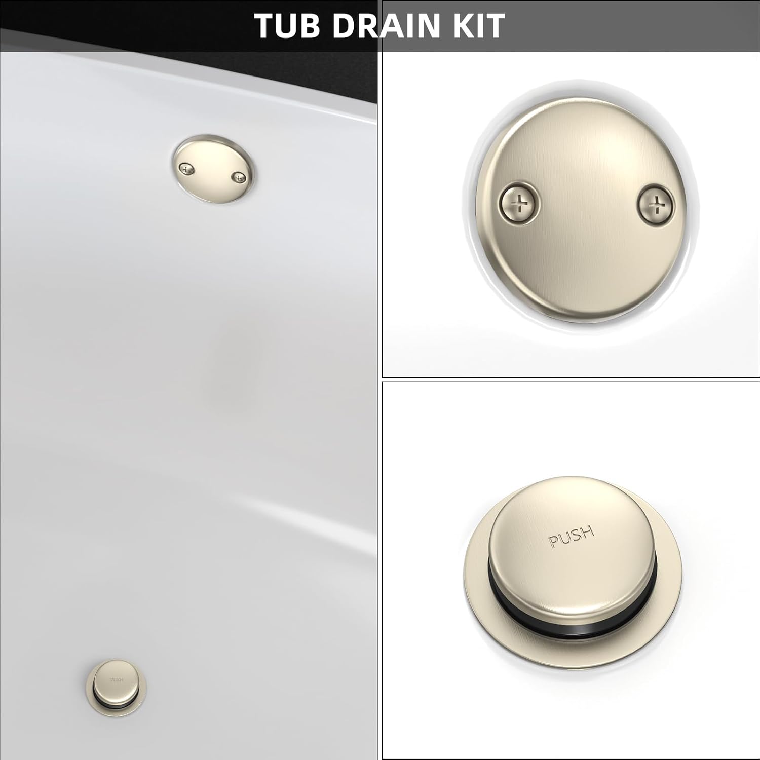 Brushed Nickel All Metal Tip-Toe Bathtub Drain Kit with Two-Hole Overflow Faceplate - Universal Fit for All Bathtubs