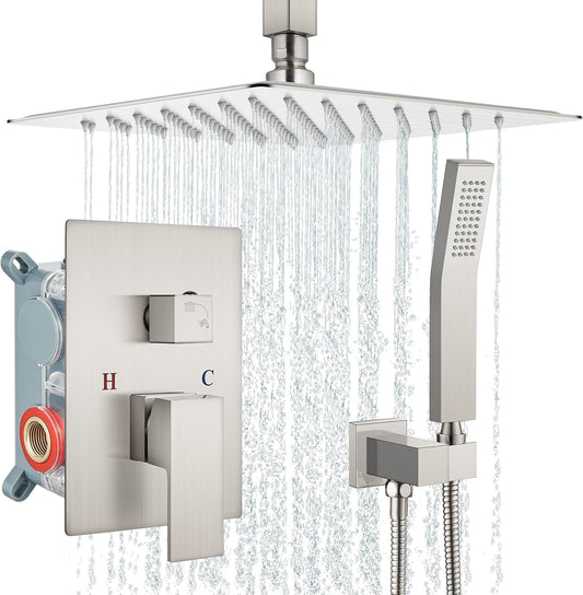 Brushed Nickel Ceiling Mount Shower Faucet Set with Single Handheld Spray and 10 Inch Shower Head - Rough-in Valve and Shower Trim Kit