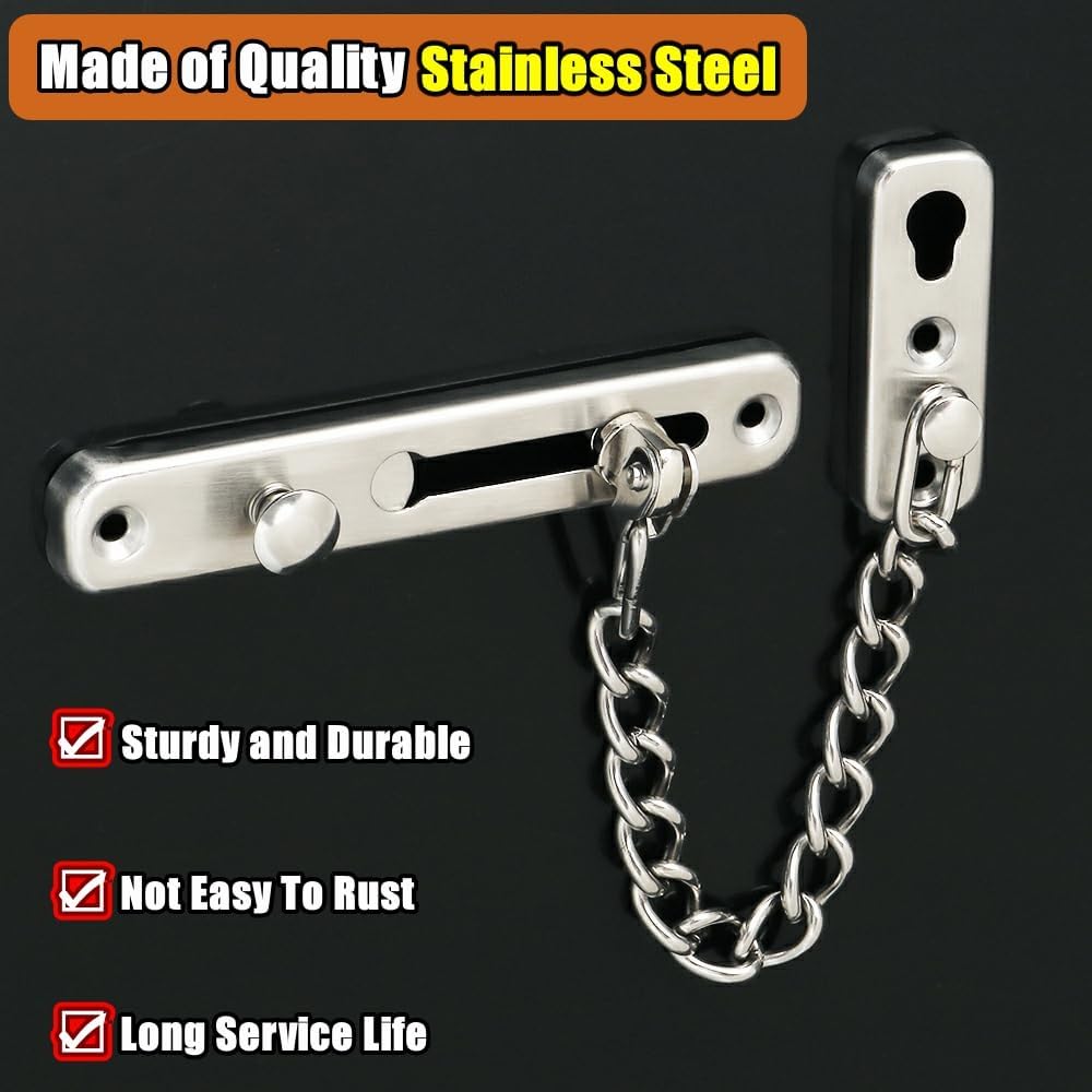 Brushed Nickel Door Chain Lock with Safety Spring Latch - Anti-Theft Guard for Inside and Extra Front Doors (1 Pack)
