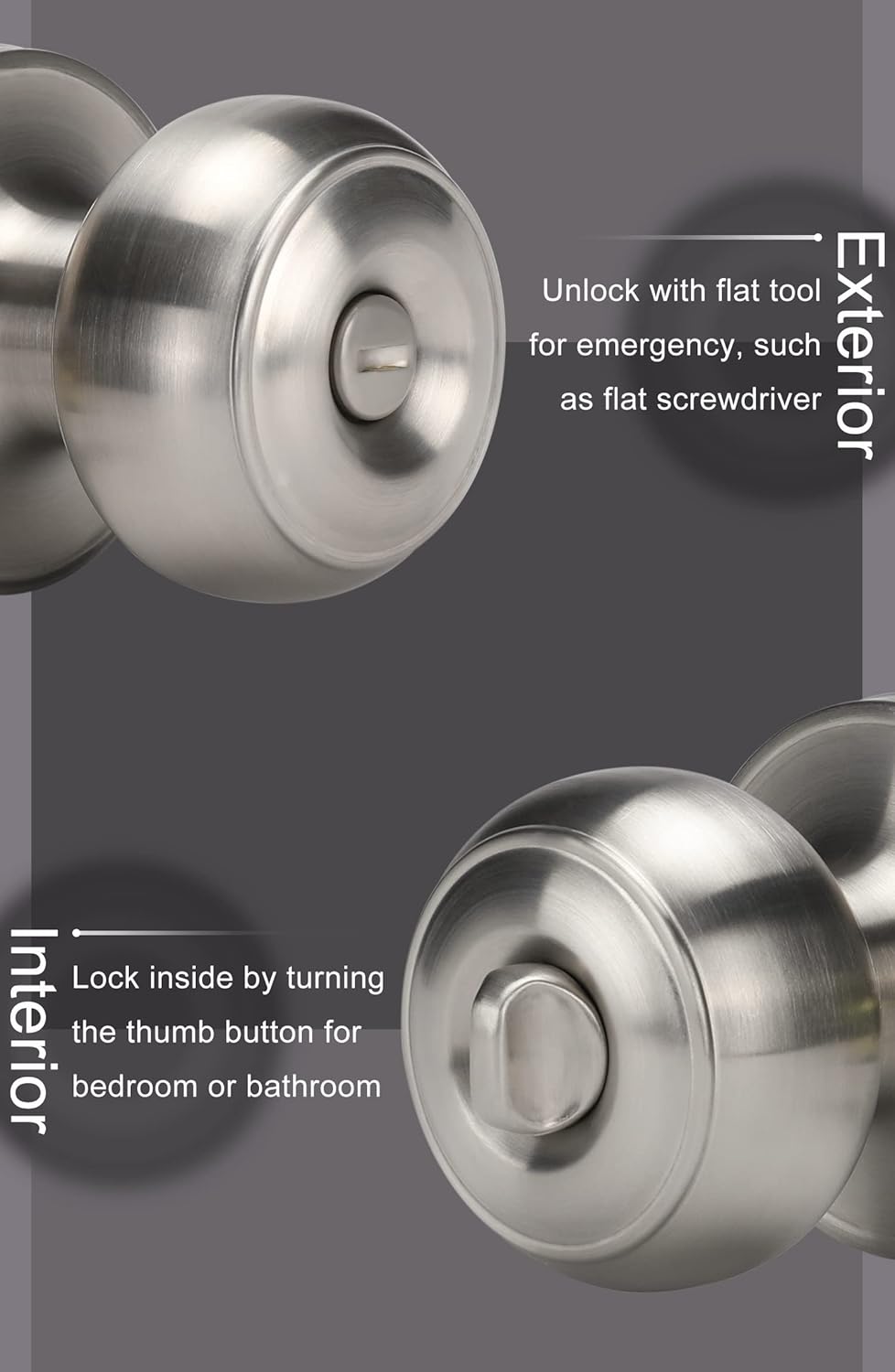 Brushed Nickel Interior Door Knobs - Privacy Bedroom Door Knobs - Silver Finish (1 Pack)