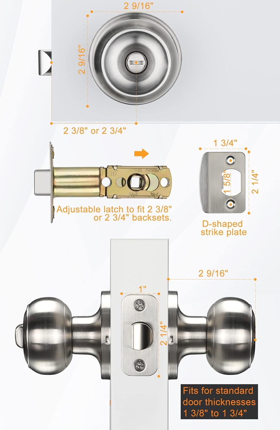 Brushed Nickel Interior Door Knobs - Privacy Bedroom Door Knobs - Silver Finish (1 Pack)