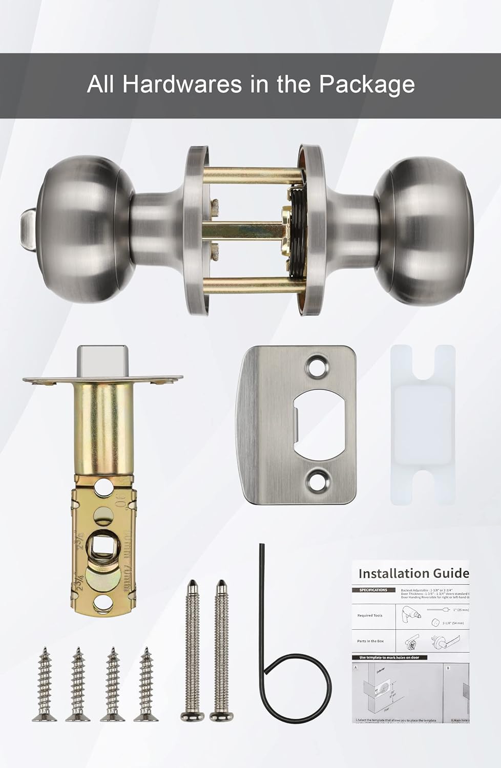 Brushed Nickel Interior Door Knobs - Privacy Bedroom Door Knobs - Silver Finish (1 Pack)