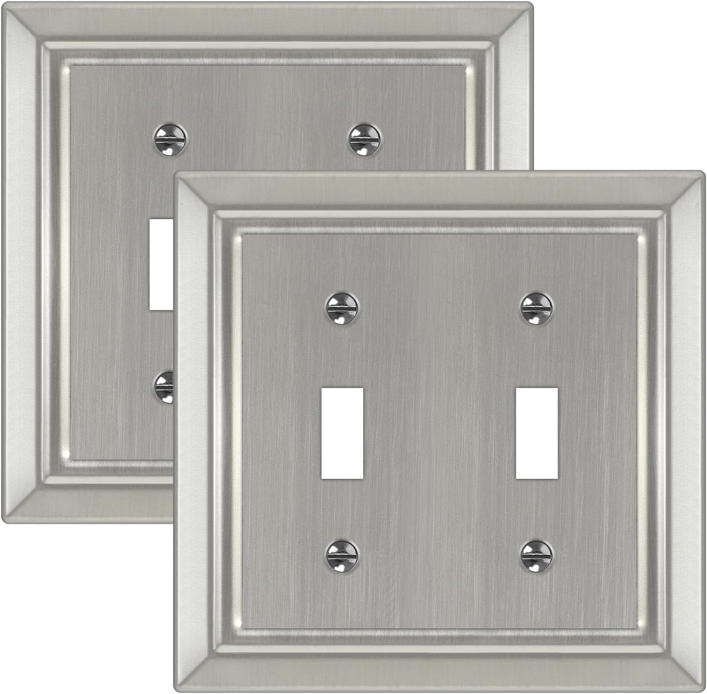 Brushed Nickel Metal Wall Plate Set for Electrical Outlets and Light Switches - 2-Gang Double Toggle Cover Plates, 2 Pack