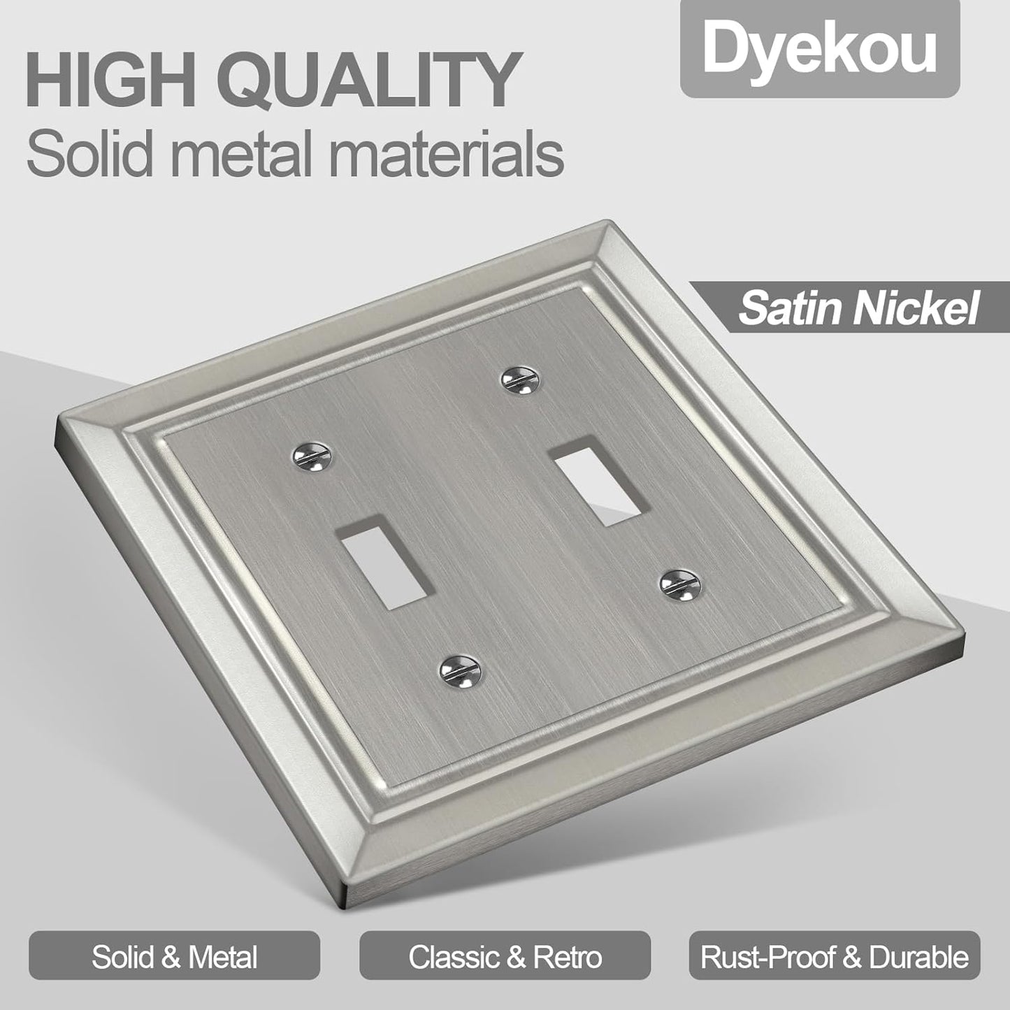 Brushed Nickel Metal Wall Plate Set for Electrical Outlets and Light Switches - 2-Gang Double Toggle Cover Plates, 2 Pack