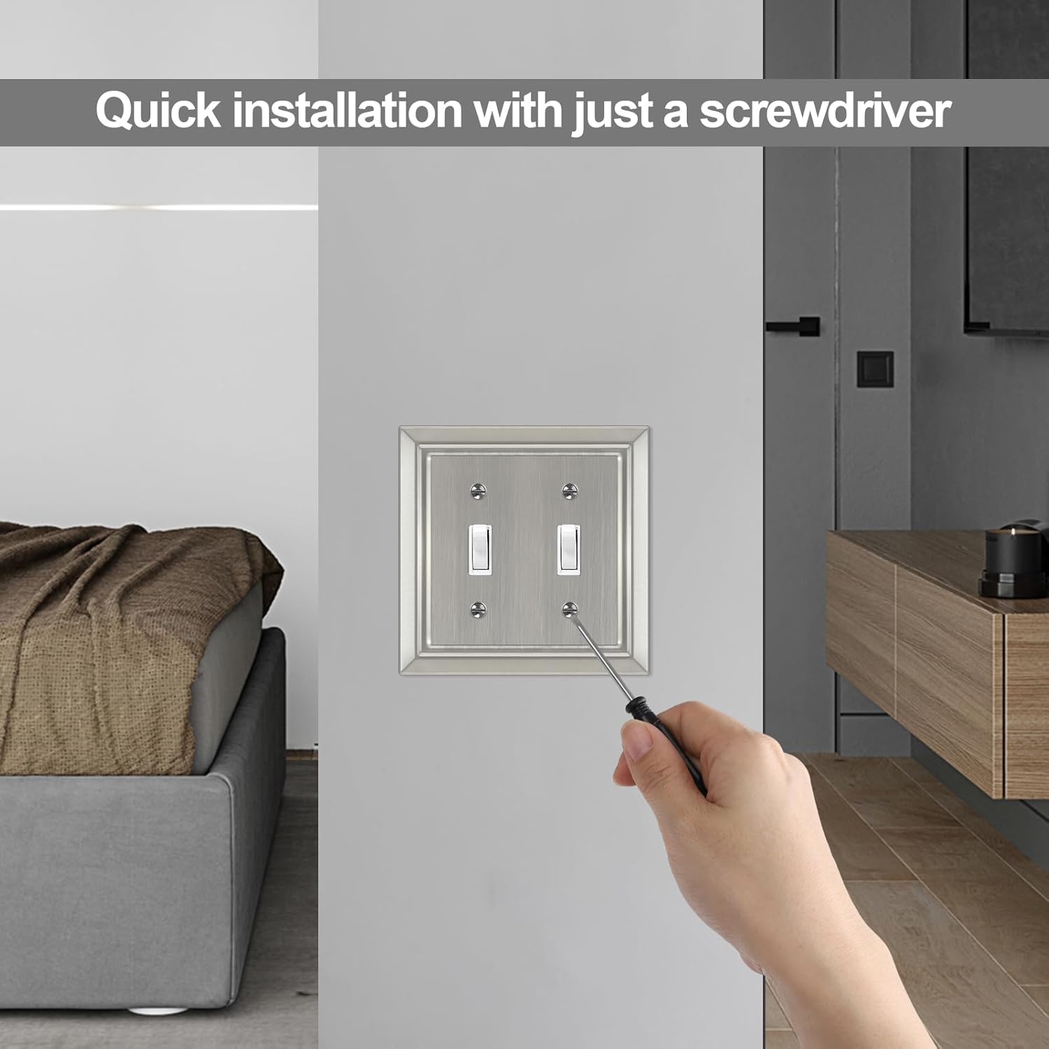 Brushed Nickel Metal Wall Plate Set for Electrical Outlets and Light Switches - 2-Gang Double Toggle Cover Plates, 2 Pack