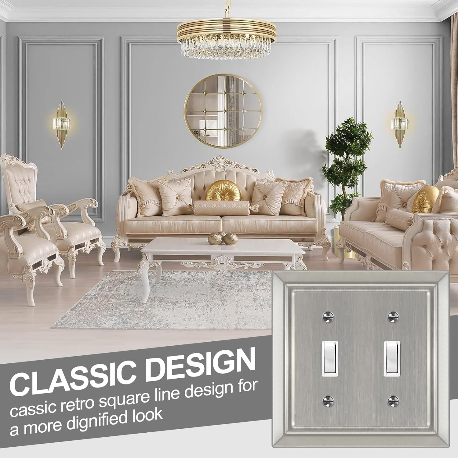 Brushed Nickel Metal Wall Plate Set for Electrical Outlets and Light Switches - 2-Gang Double Toggle Cover Plates, 2 Pack