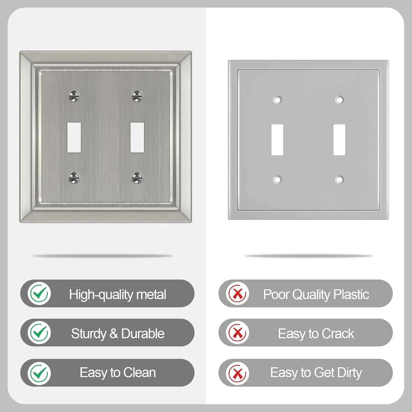 Brushed Nickel Metal Wall Plate Set for Electrical Outlets and Light Switches - 2-Gang Double Toggle Cover Plates, 2 Pack