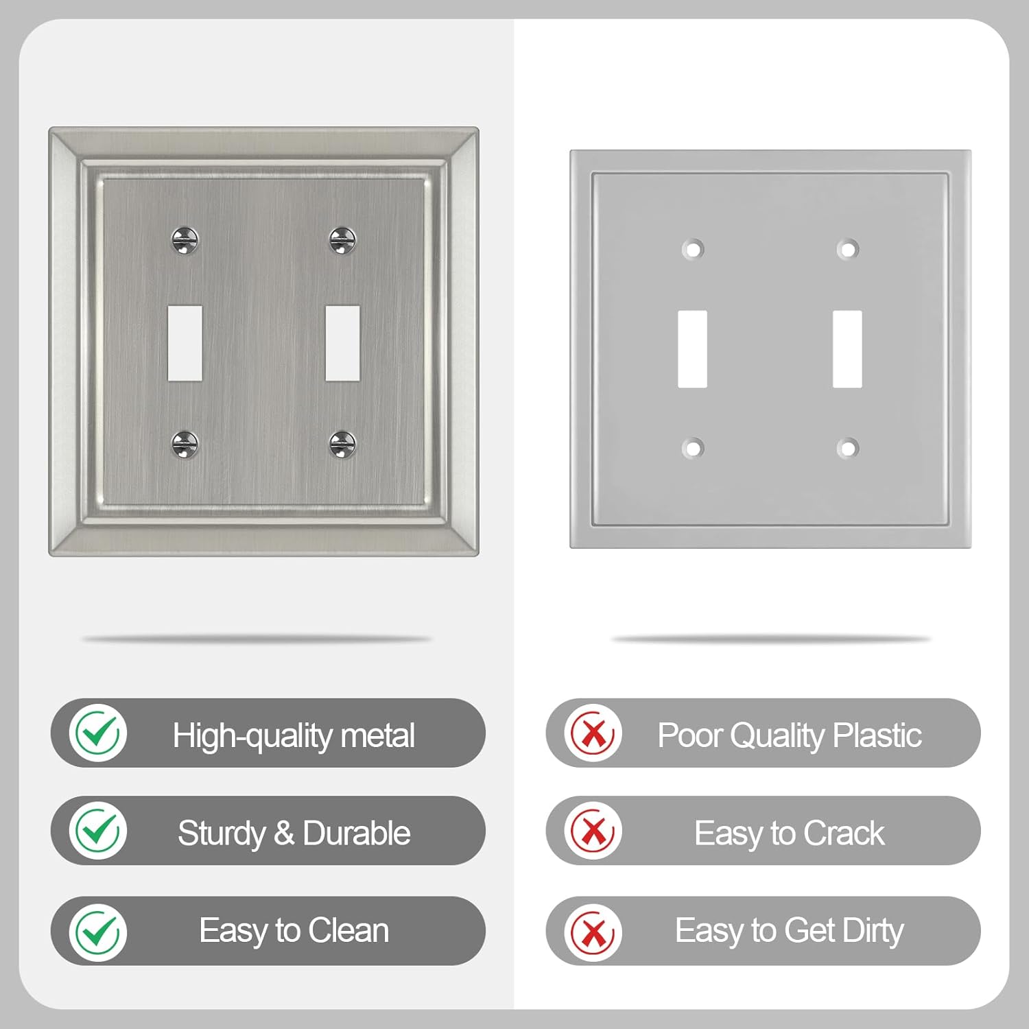 Brushed Nickel Metal Wall Plate Set for Electrical Outlets and Light Switches - 2-Gang Double Toggle Cover Plates, 2 Pack