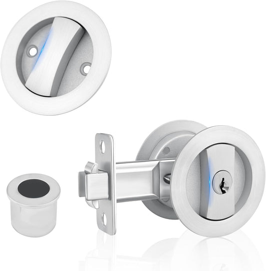 Brushed Nickel Pocket Door Lock with Keys and Edge Pull - Contemporary Flush Hardware for Bed/Bath/Kitchen/Barn Door - 2-3/8" Backset, 1 3/8" to 2 3/16" Thickness