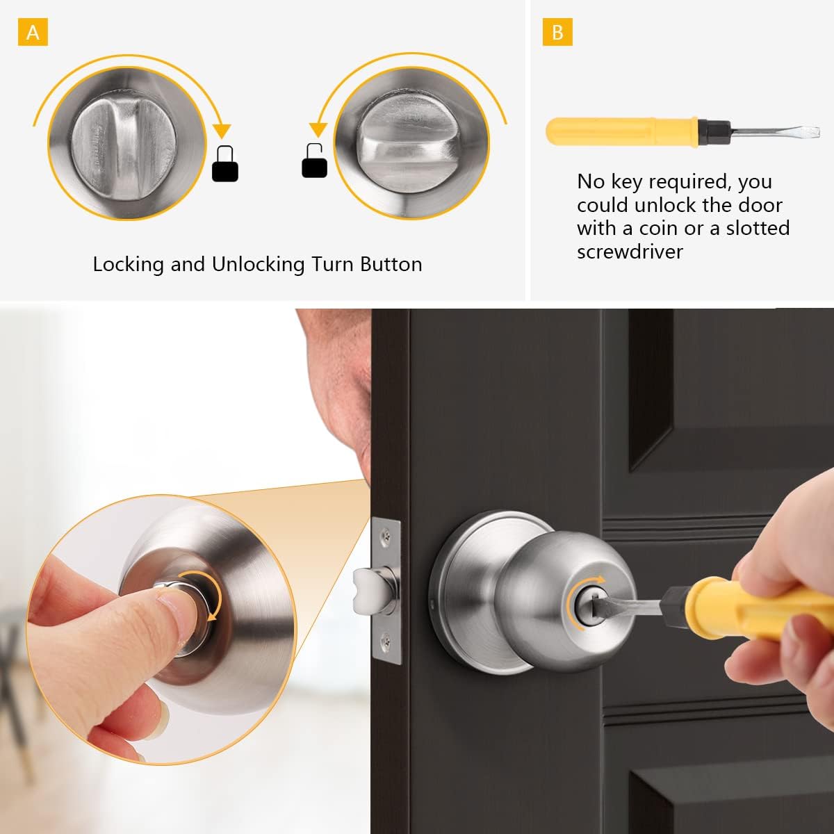 Brushed Nickel Privacy Door Knob for Bathroom/Bedroom - Keyless Interior Lock by Probrico
