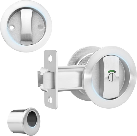 Brushed Nickel Privacy Pocket Door Lock with 2 3/4" Backset - Ideal for Bathroom/Bedroom - Pocket Door Handle with Indicators