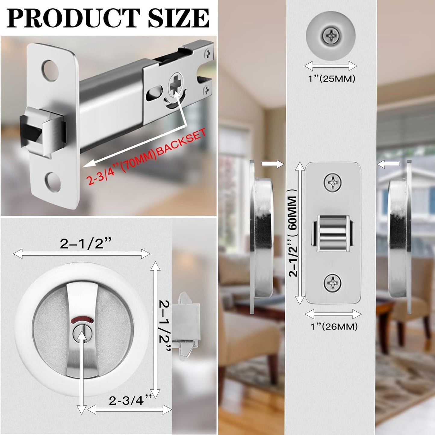 Brushed Nickel Privacy Pocket Door Lock with 2 3/4" Backset - Ideal for Bathroom/Bedroom - Pocket Door Handle with Indicators