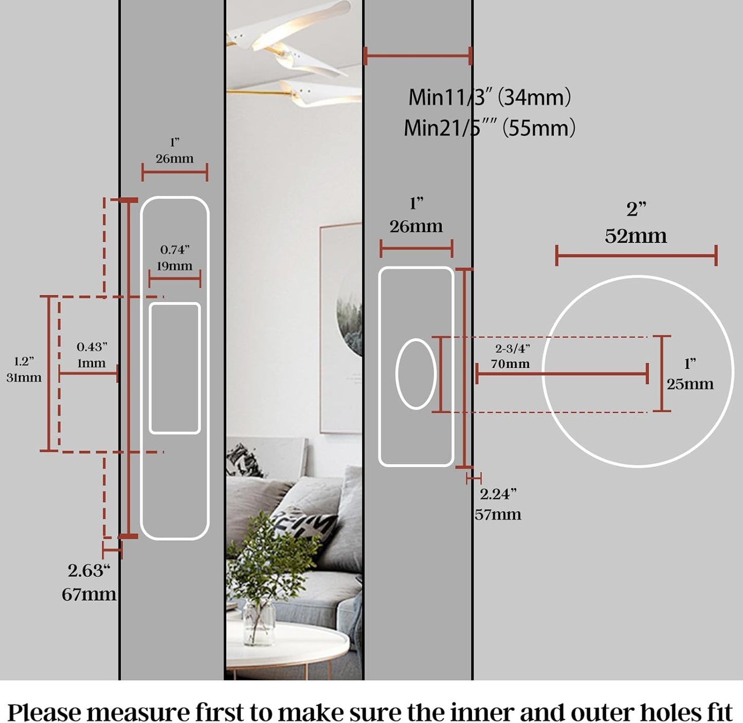 Brushed Nickel Privacy Pocket Door Lock with 2 3/4" Backset - Ideal for Bathroom/Bedroom - Pocket Door Handle with Indicators