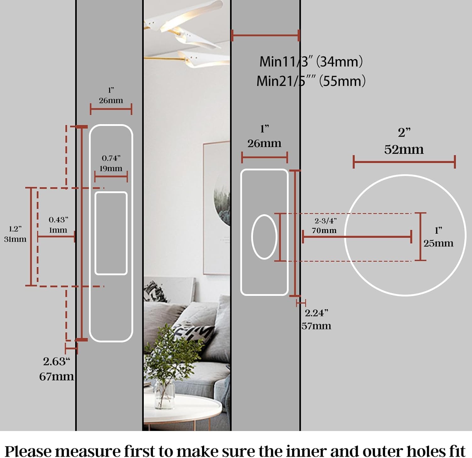 Brushed Nickel Privacy Pocket Door Lock with 2 3/4" Backset - Ideal for Bathroom/Bedroom - Pocket Door Handle with Indicators