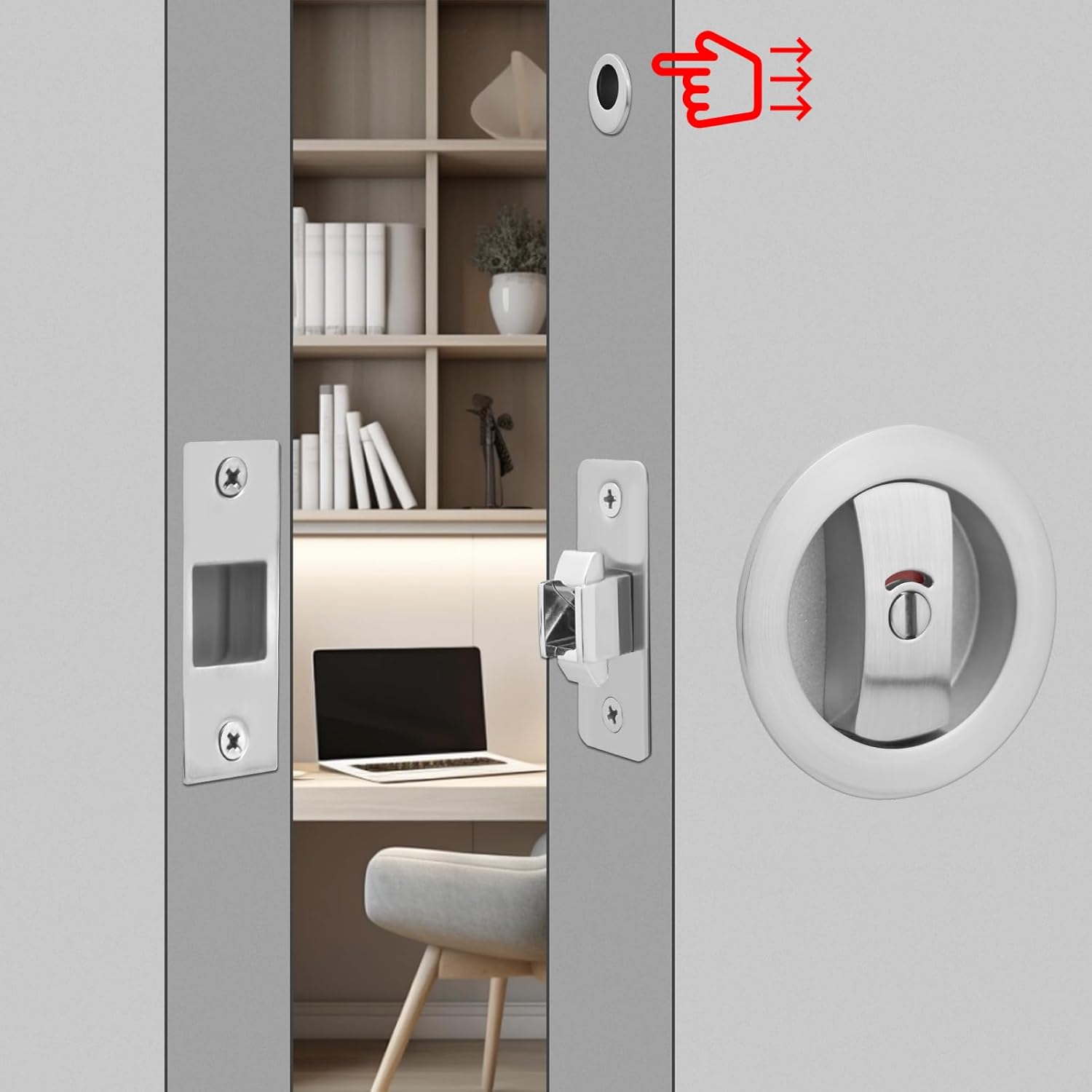 Brushed Nickel Privacy Pocket Door Lock with 2 3/4" Backset - Ideal for Bathroom/Bedroom - Pocket Door Handle with Indicators
