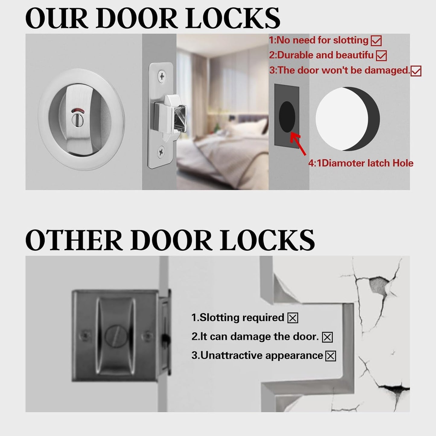 Brushed Nickel Privacy Pocket Door Lock with 2 3/4" Backset - Ideal for Bathroom/Bedroom - Pocket Door Handle with Indicators