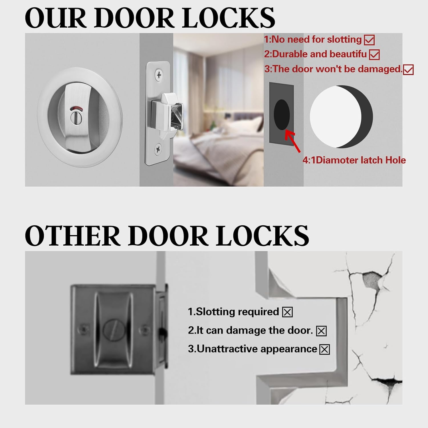 Brushed Nickel Privacy Pocket Door Lock with 2 3/4" Backset - Ideal for Bathroom/Bedroom - Pocket Door Handle with Indicators