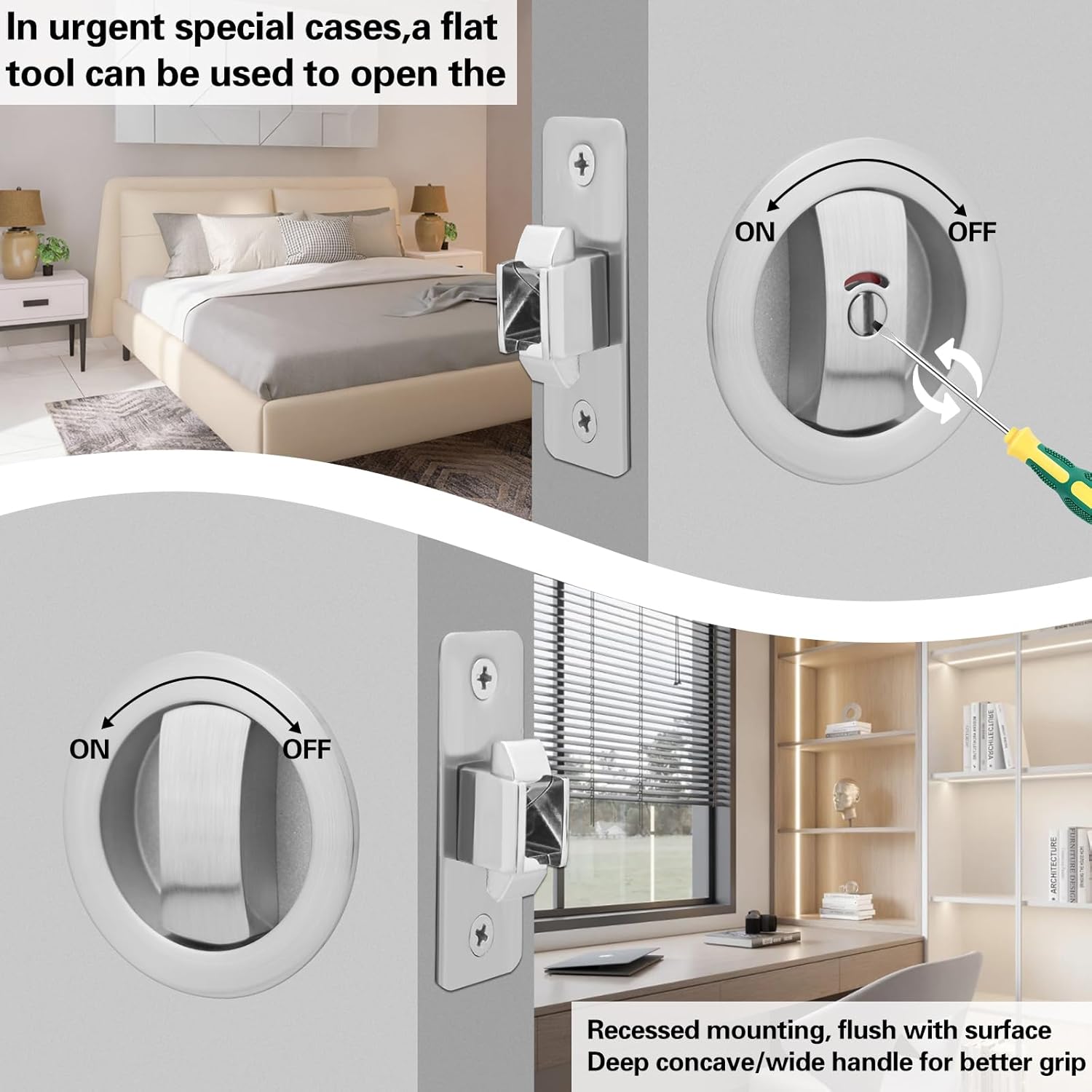 Brushed Nickel Privacy Pocket Door Lock with 2 3/4" Backset - Ideal for Bathroom/Bedroom - Pocket Door Handle with Indicators