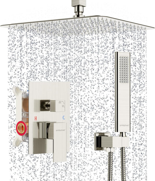Brushed Nickel Rain Shower System with 12 Inch Head and Handheld - Complete Set with Valve by EMBATHER