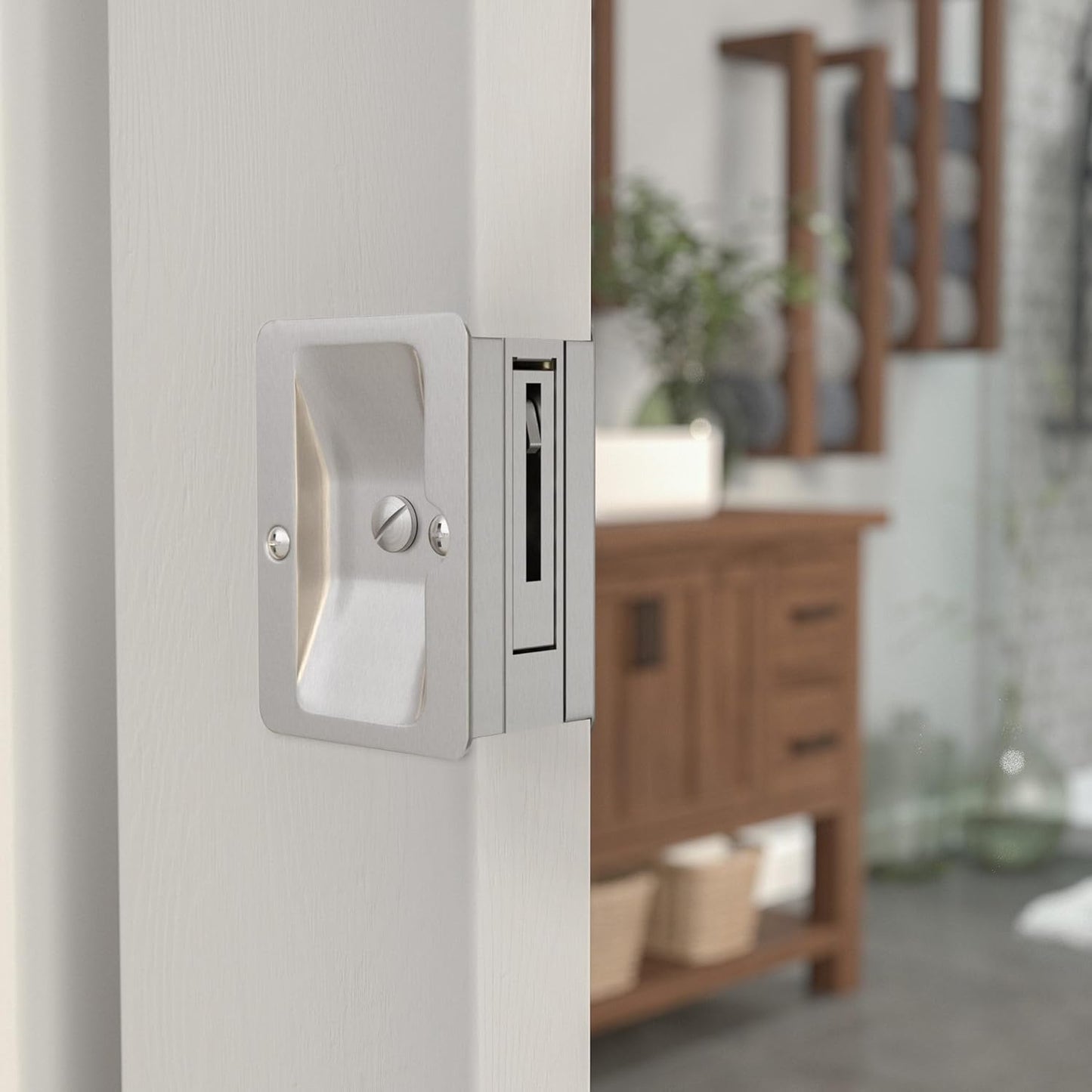 Brushed Nickel Rectangular Privacy Lock Pocket Door Pull - Richelieu Hardware 1701NBPSBC 3 1/4 in (82 mm) - WildKart