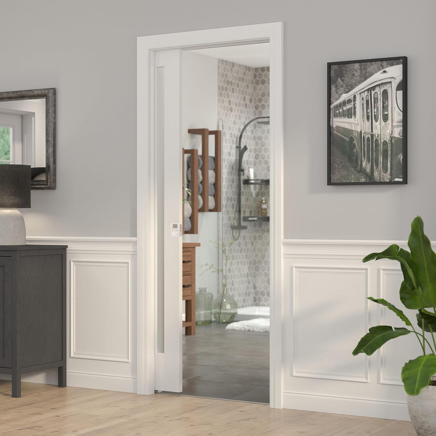 Brushed Nickel Rectangular Privacy Lock Pocket Door Pull - Richelieu Hardware 1701NBPSBC 3 1/4 in (82 mm) - WildKart