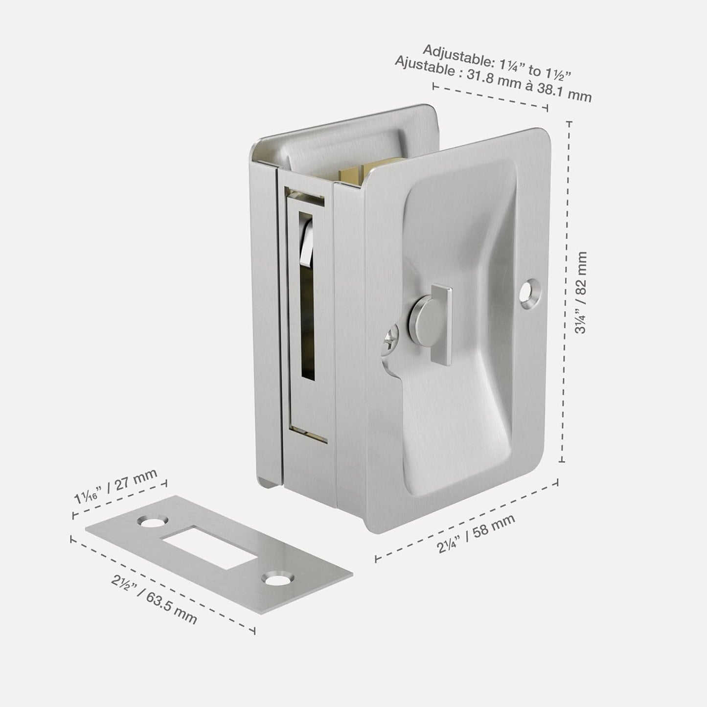 Brushed Nickel Rectangular Privacy Lock Pocket Door Pull - Richelieu Hardware 1701NBPSBC 3 1/4 in (82 mm) - WildKart