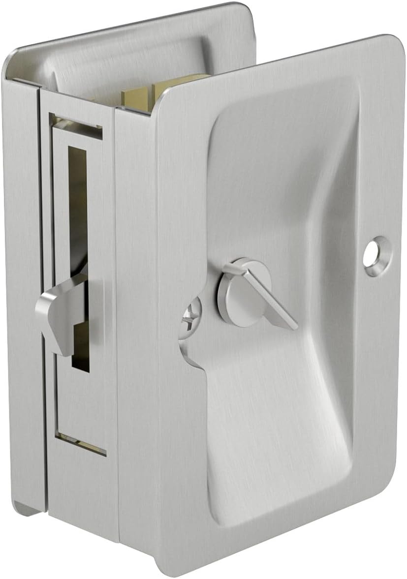 Brushed Nickel Rectangular Privacy Lock Pocket Door Pull - Richelieu Hardware 1701NBPSBC 3 1/4 in (82 mm) - WildKart