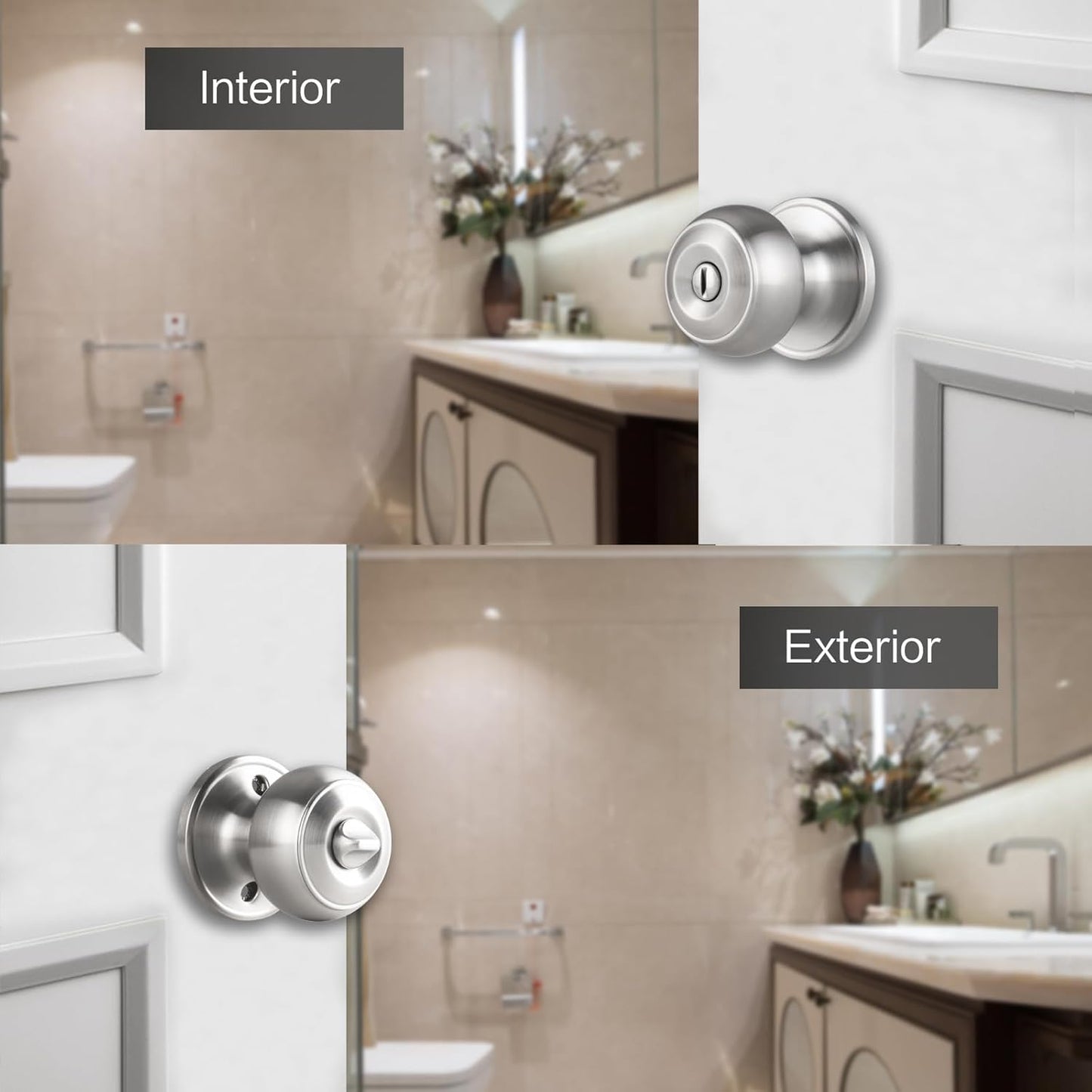 Brushed Nickel Round Privacy Door Knob Set for Interior Doors - Keyless Lock for Bathroom and Bedroom