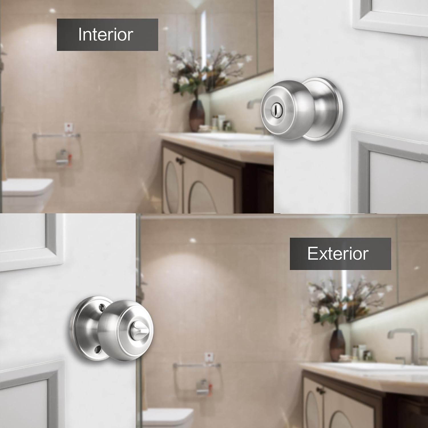 Brushed Nickel Round Privacy Door Knob Set for Interior Doors - Keyless Lock for Bathroom and Bedroom
