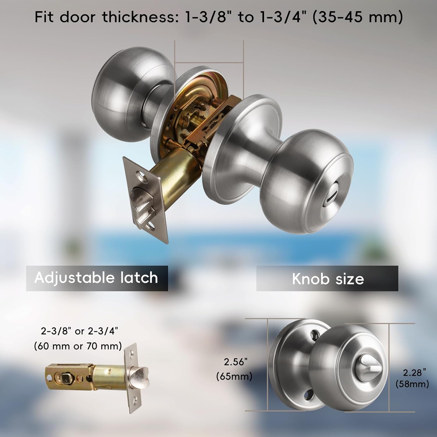 Brushed Nickel Round Privacy Door Knob Set for Interior Doors - Keyless Lock for Bathroom and Bedroom