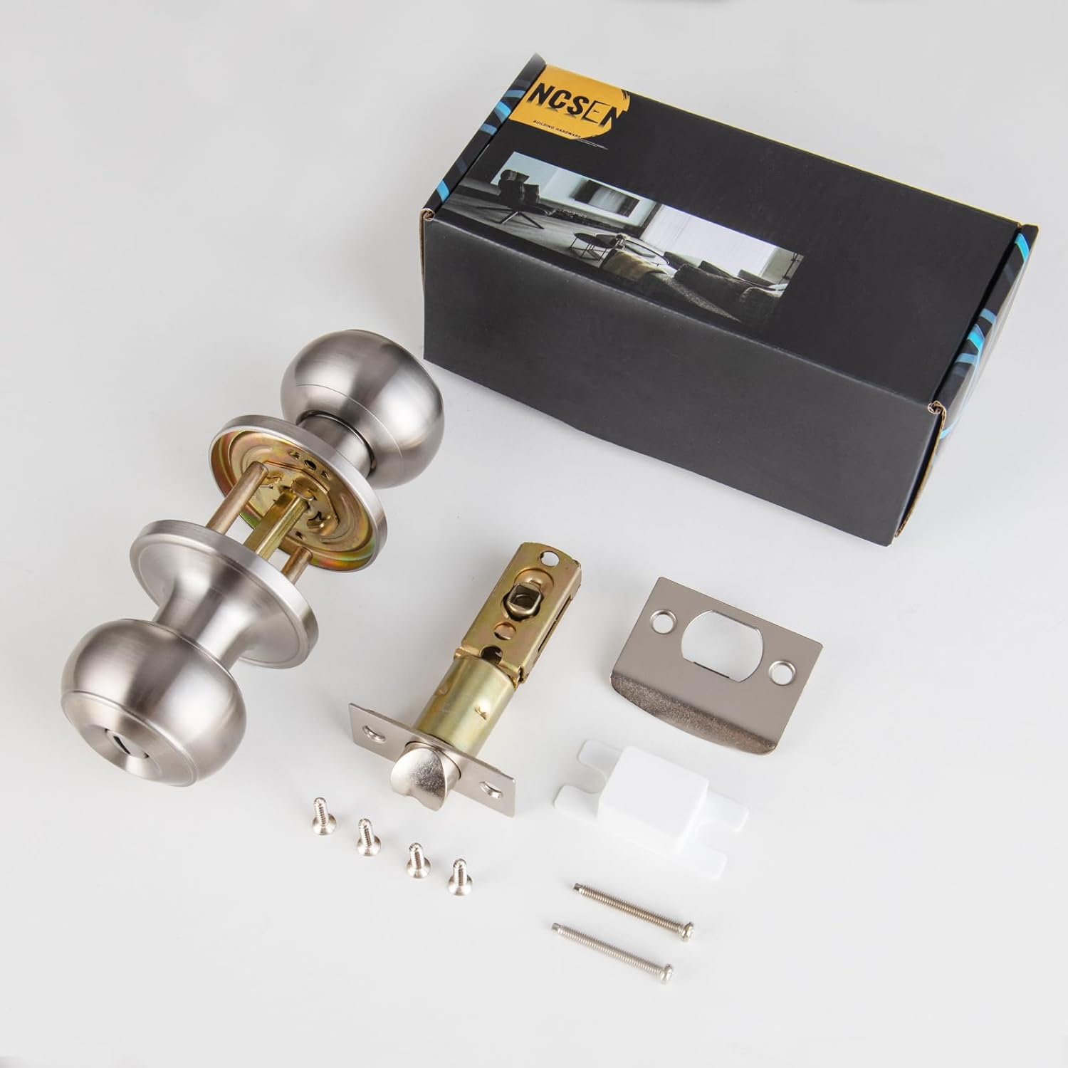 Brushed Nickel Round Privacy Door Knob Set for Interior Doors - Keyless Lock for Bathroom and Bedroom